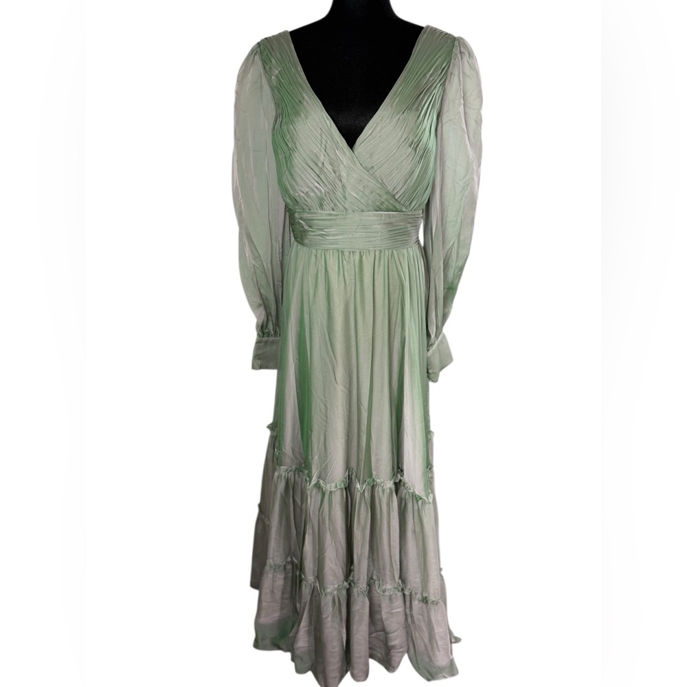 Mac Duggal FAUX WRAP ILLUSION BISHOP SLEEVE TIERED GOWN Sage NWT - Picture 6 of 16